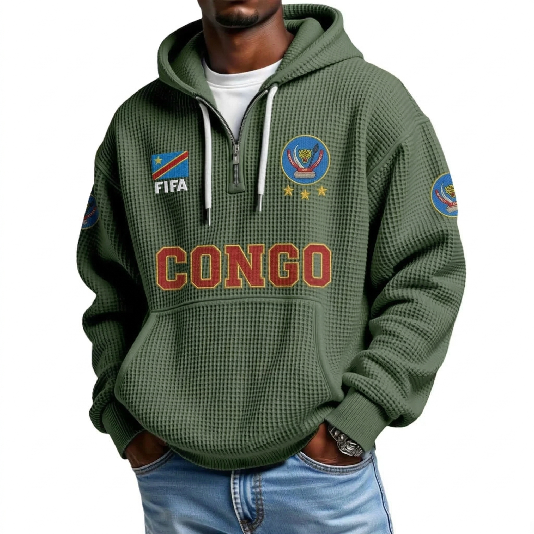 FIFA 2026 Democratic Republic Of The Congo Printed Waffle Quarter Zip Football Fan Hoodie