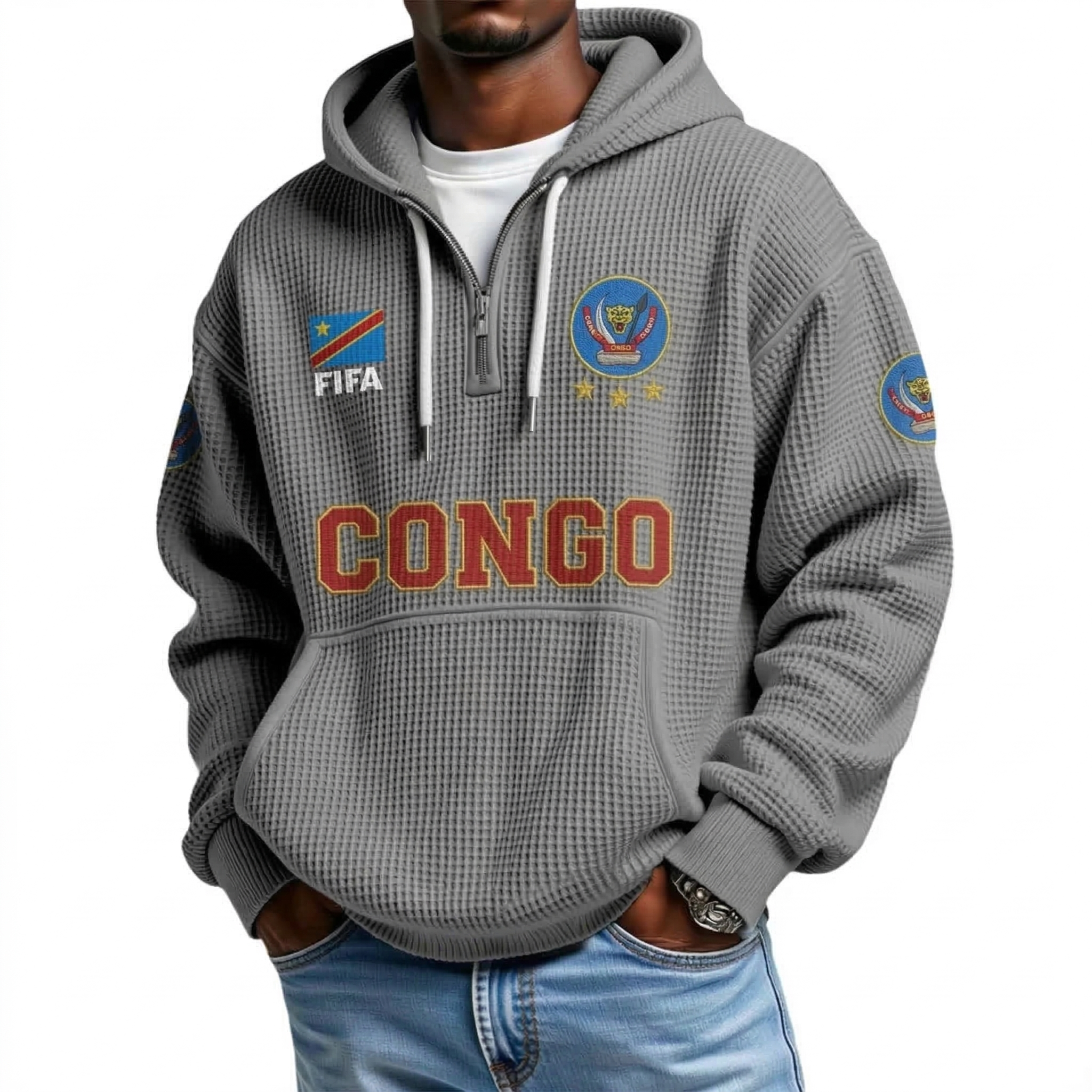 FIFA 2026 Democratic Republic Of The Congo Printed Waffle Quarter Zip Football Fan Hoodie