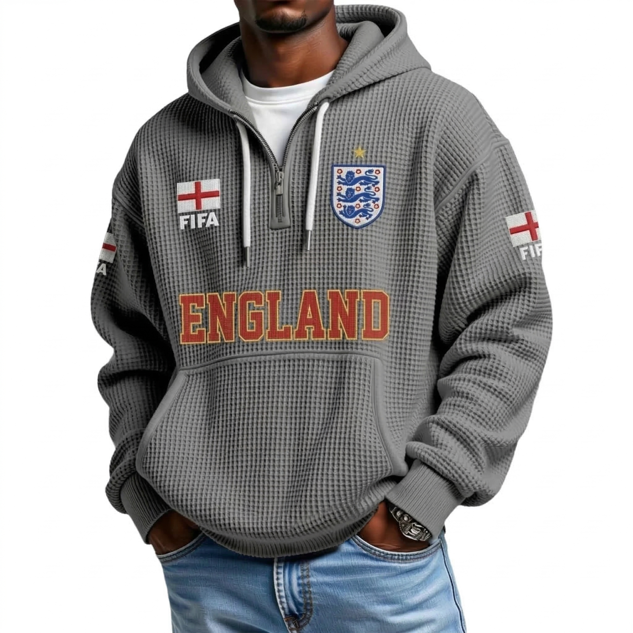FIFA 2026 England Printed Waffle Quarter Zip Football Fan Hoodie
