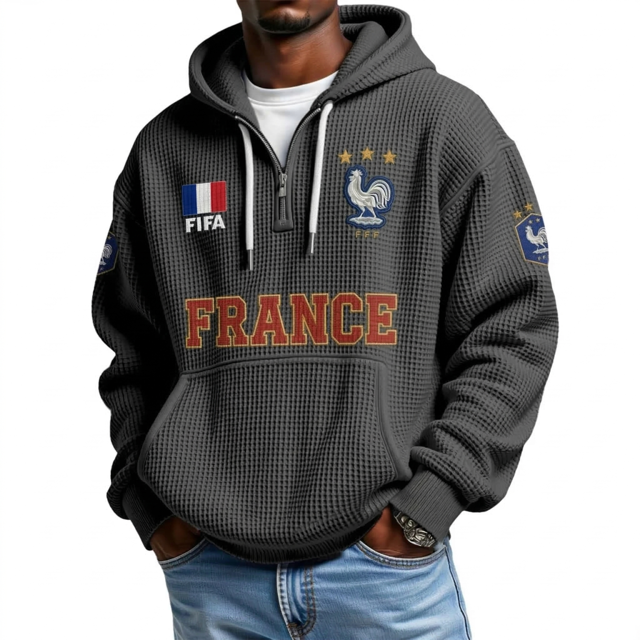 FIFA 2026 France Printed Waffle Quarter Zip Football Fan Hoodie