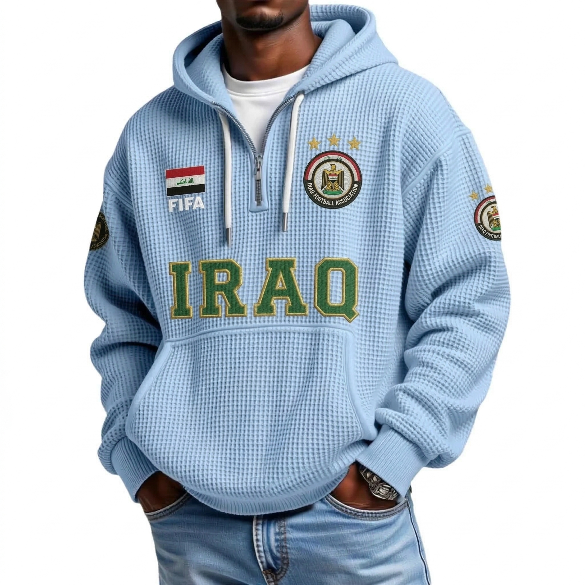 FIFA 2026 Iraq Printed Waffle Quarter Zip Football Fan Hoodie