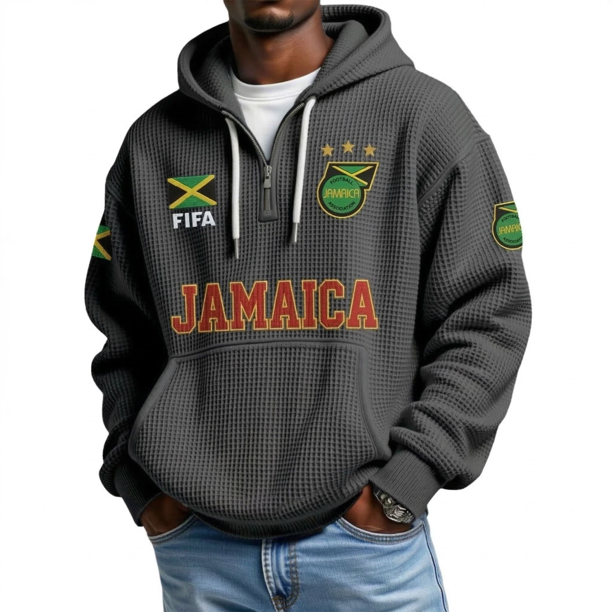 FIFA 2026 Jamaica Printed Waffle Quarter Zip Football Fan Hoodie