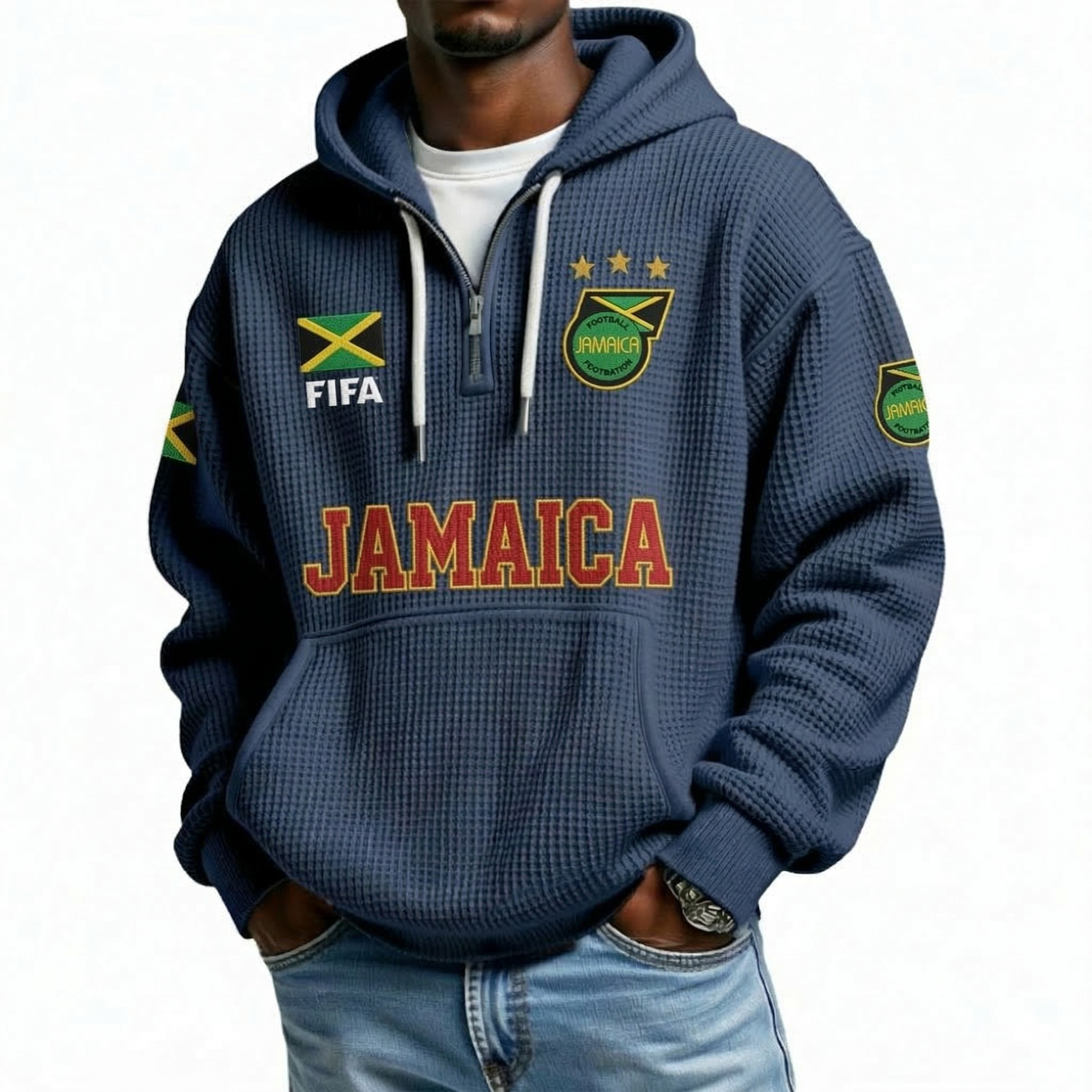 FIFA 2026 Jamaica Printed Waffle Quarter Zip Football Fan Hoodie