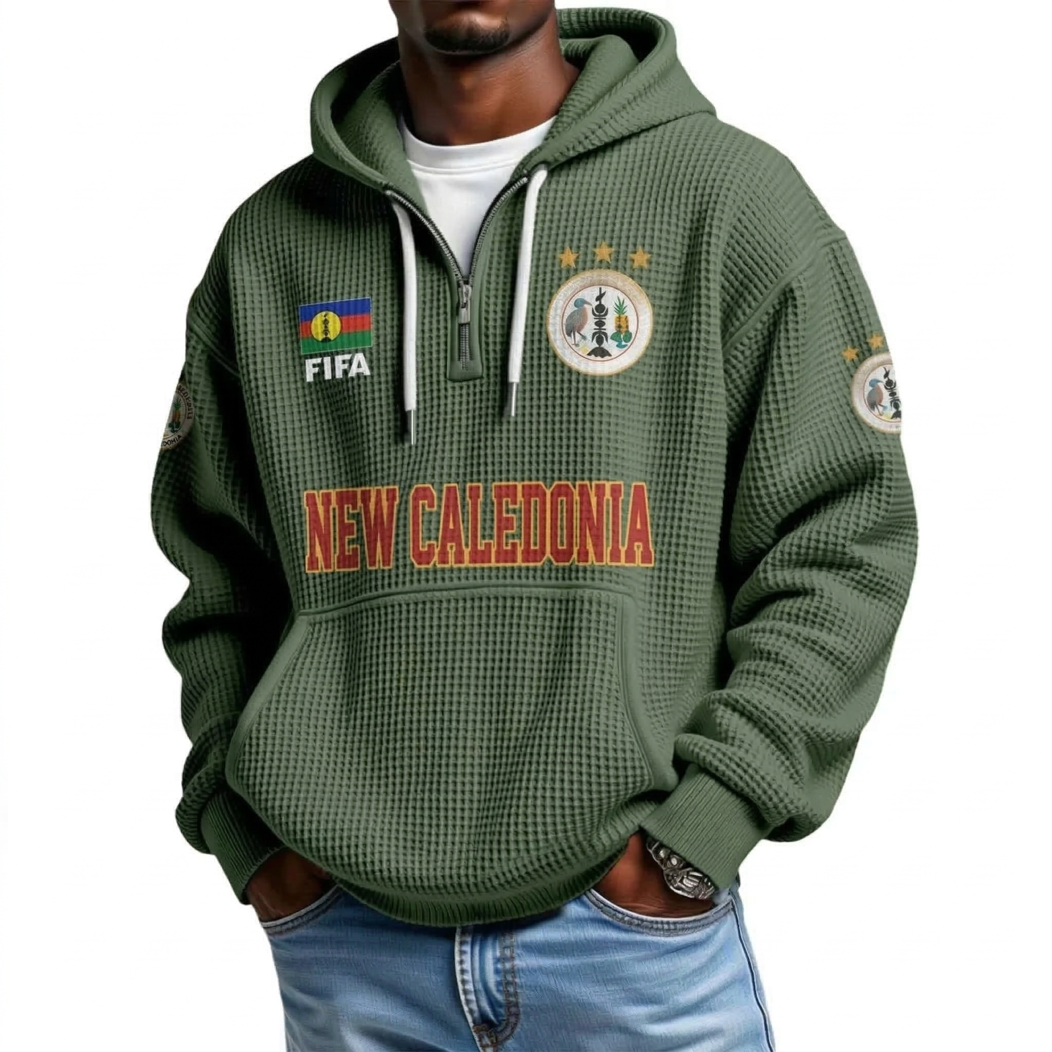 FIFA 2026 New Caledonia Printed Waffle Quarter Zip Football Fan Hoodie