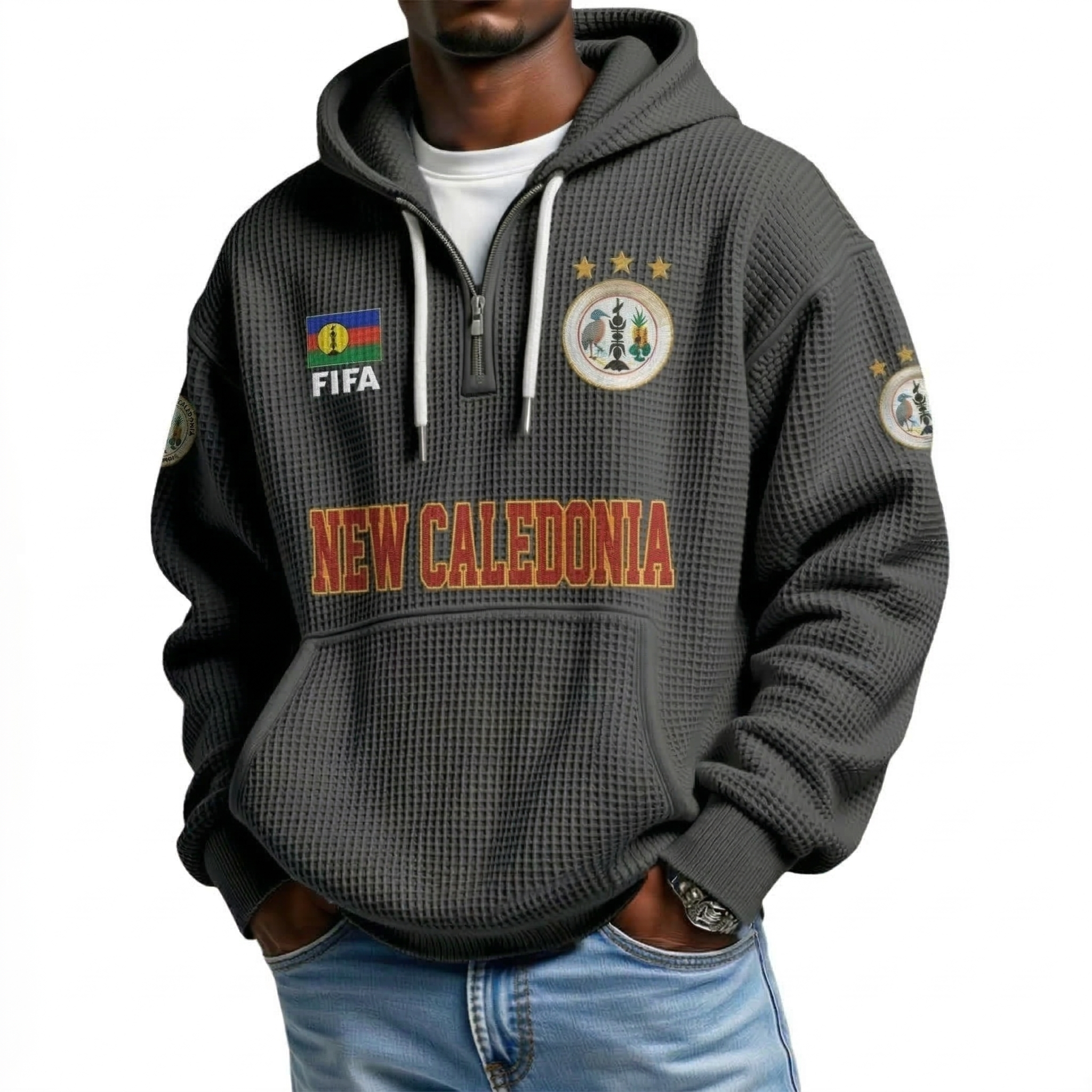 FIFA 2026 New Caledonia Printed Waffle Quarter Zip Football Fan Hoodie