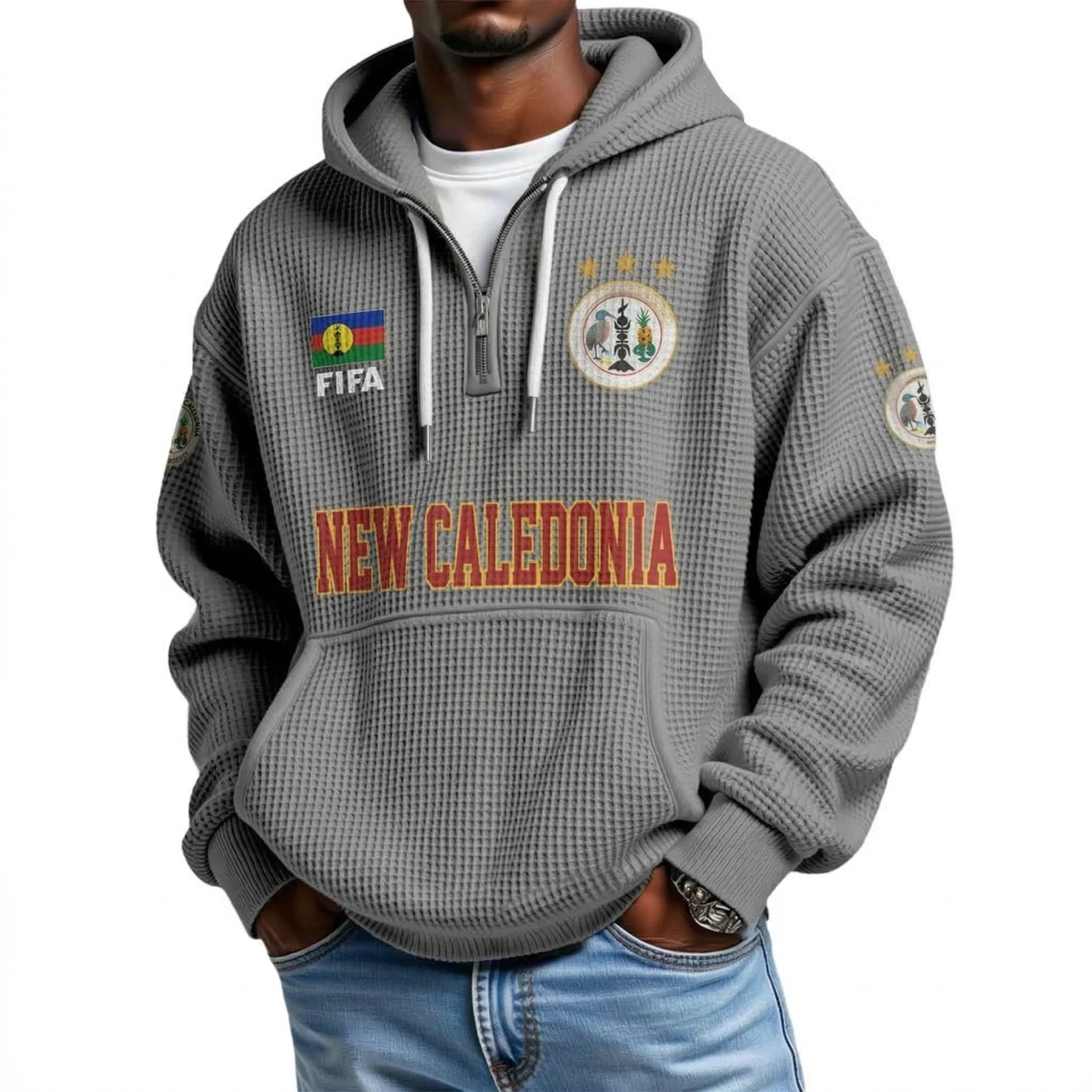 FIFA 2026 New Caledonia Printed Waffle Quarter Zip Football Fan Hoodie