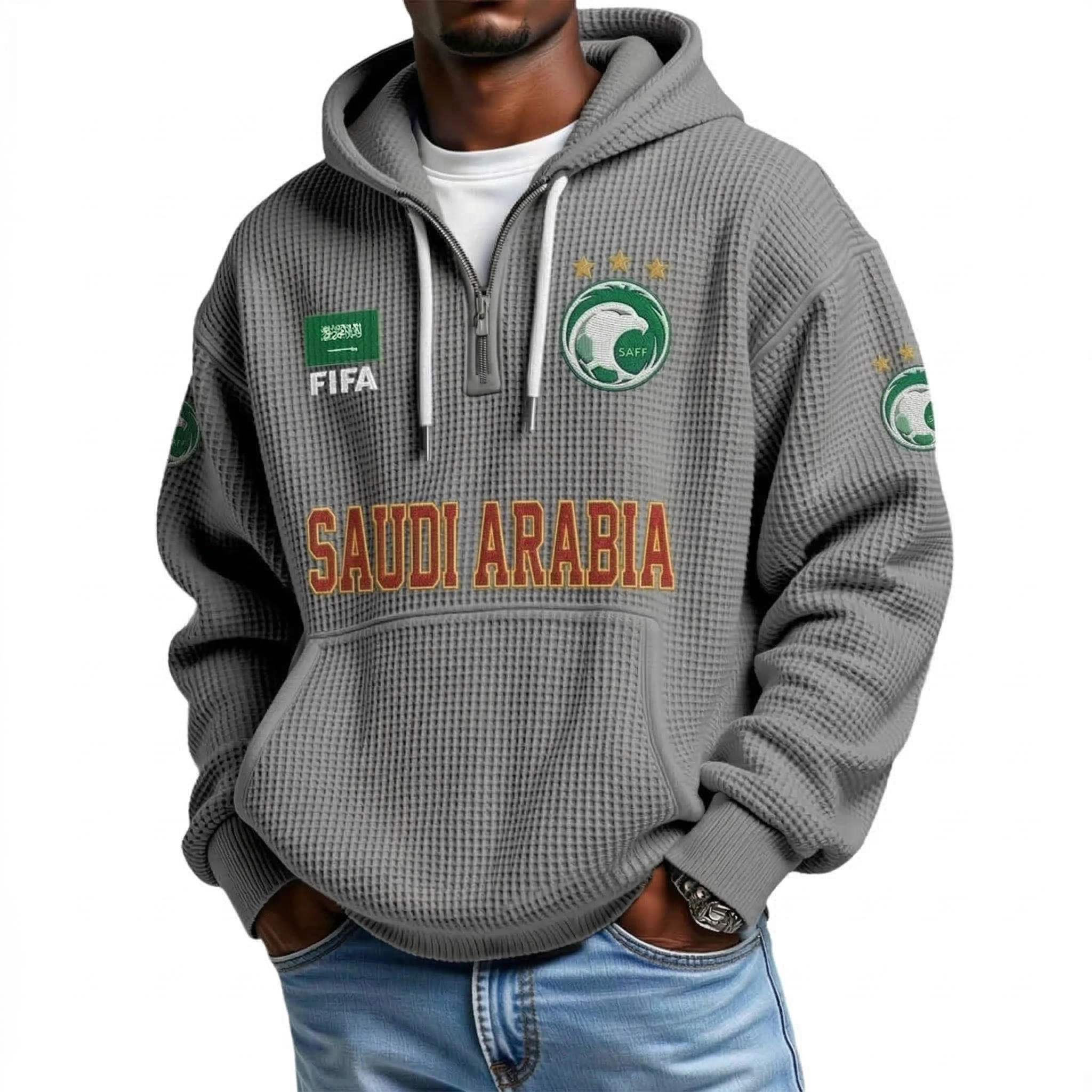FIFA 2026 Saudi Arabia Printed Waffle Quarter Zip Football Fan Hoodie