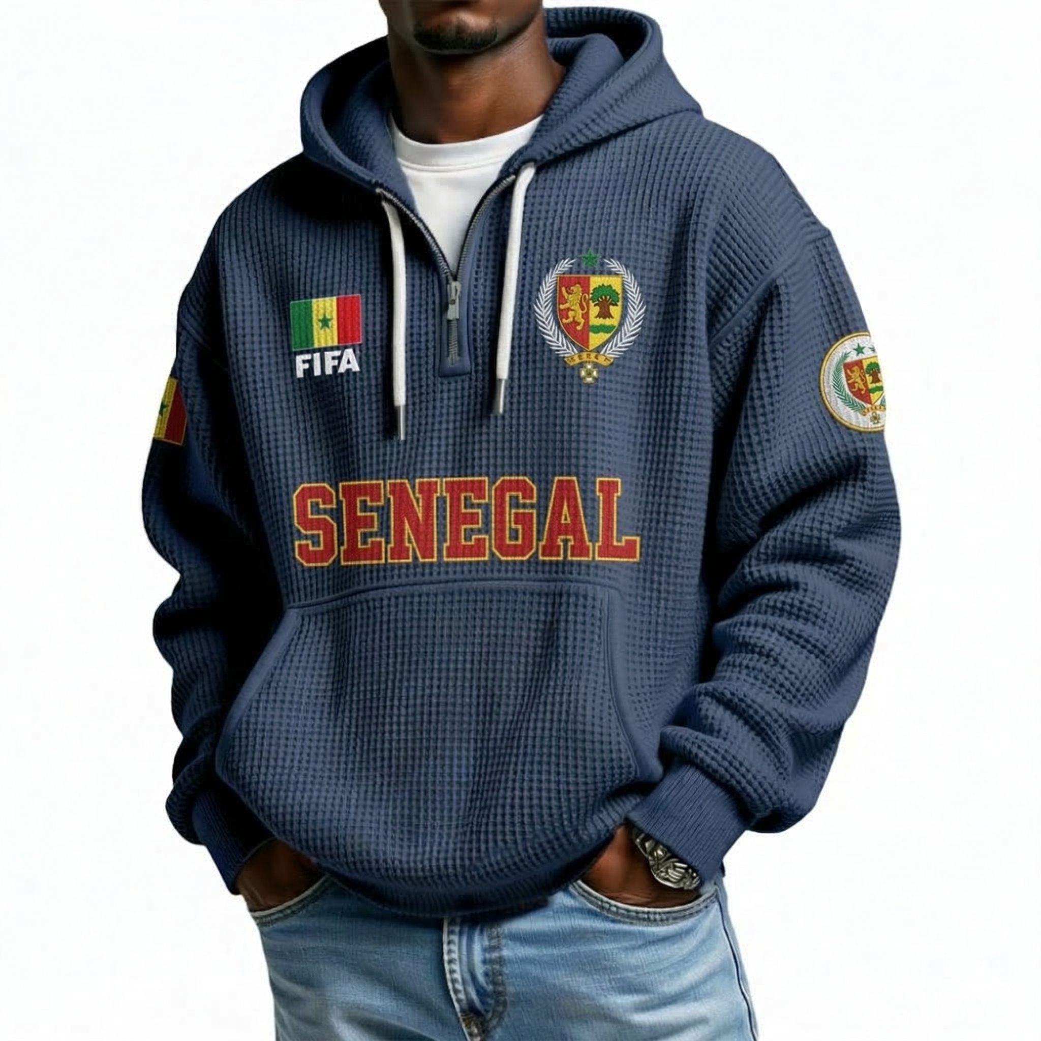 FIFA 2026 Senegal Printed Waffle Quarter Zip Football Fan Hoodie