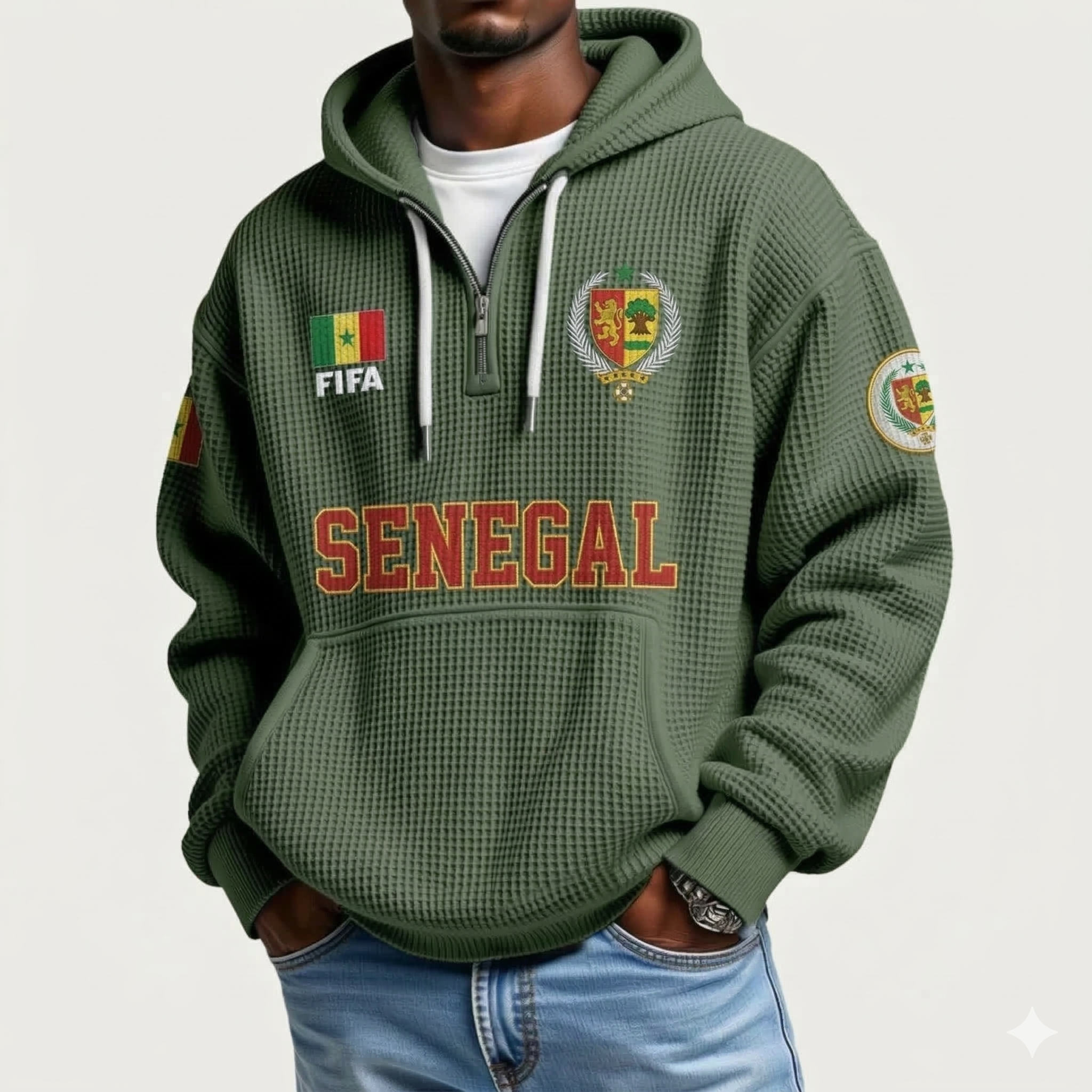FIFA 2026 Senegal Printed Waffle Quarter Zip Football Fan Hoodie