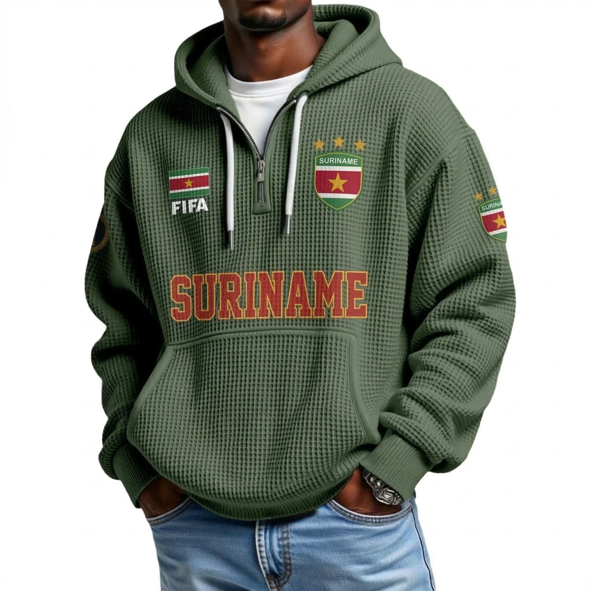 FIFA 2026 Suriname Printed Waffle Quarter Zip Football Fan Hoodie