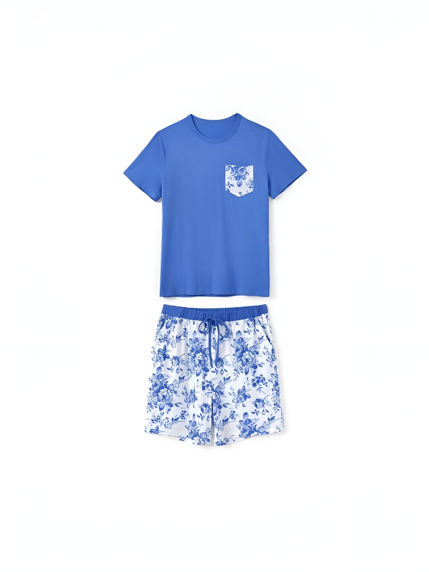Family Matching Blue Floral Shorts Set With Drawstrings Men