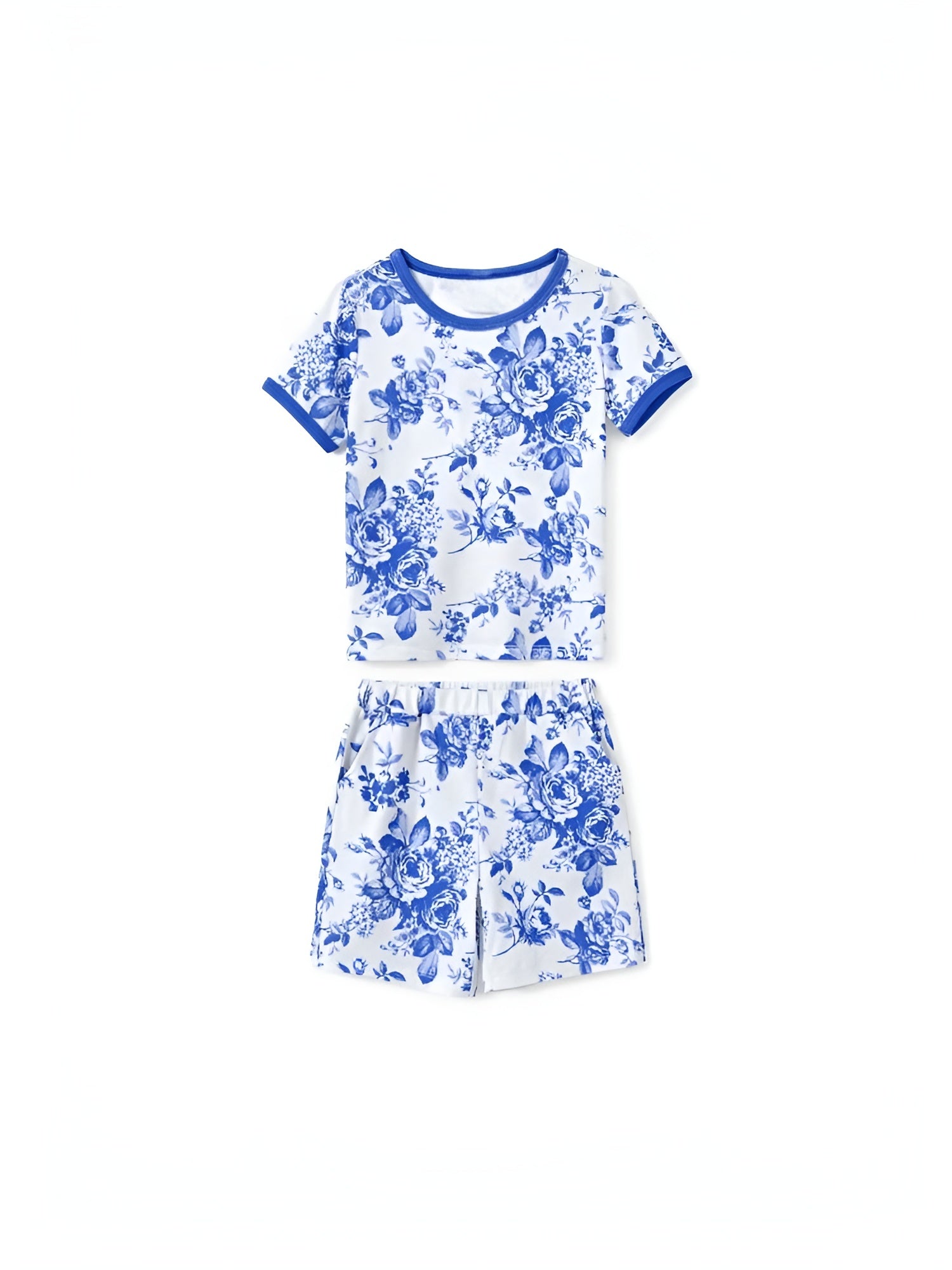 Family Matching Blue Floral Shorts Set With Drawstrings Kids