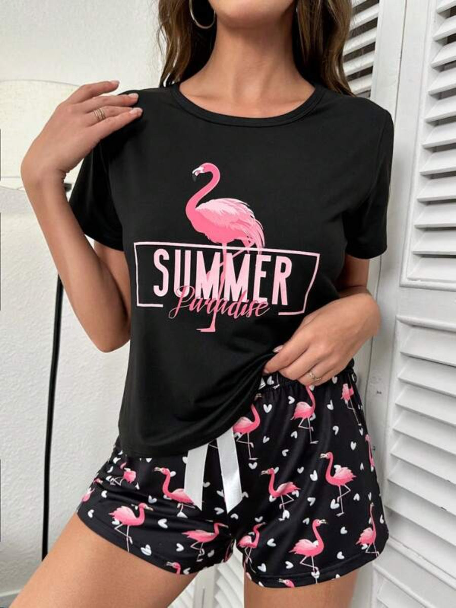Flamingo And Letter Graphic Tee And Shorts Set-Soco Hoodie