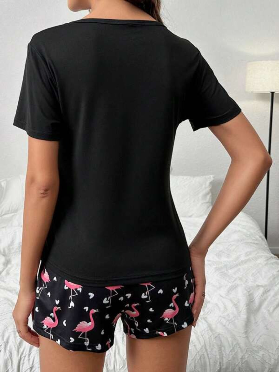 Flamingo And Letter Graphic Tee And Shorts Set-Soco Hoodie