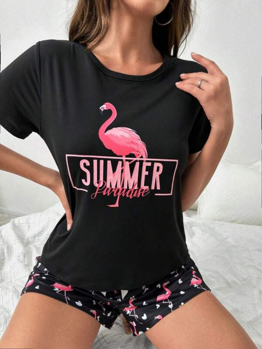 Flamingo And Letter Graphic Tee And Shorts Set-Soco Hoodie