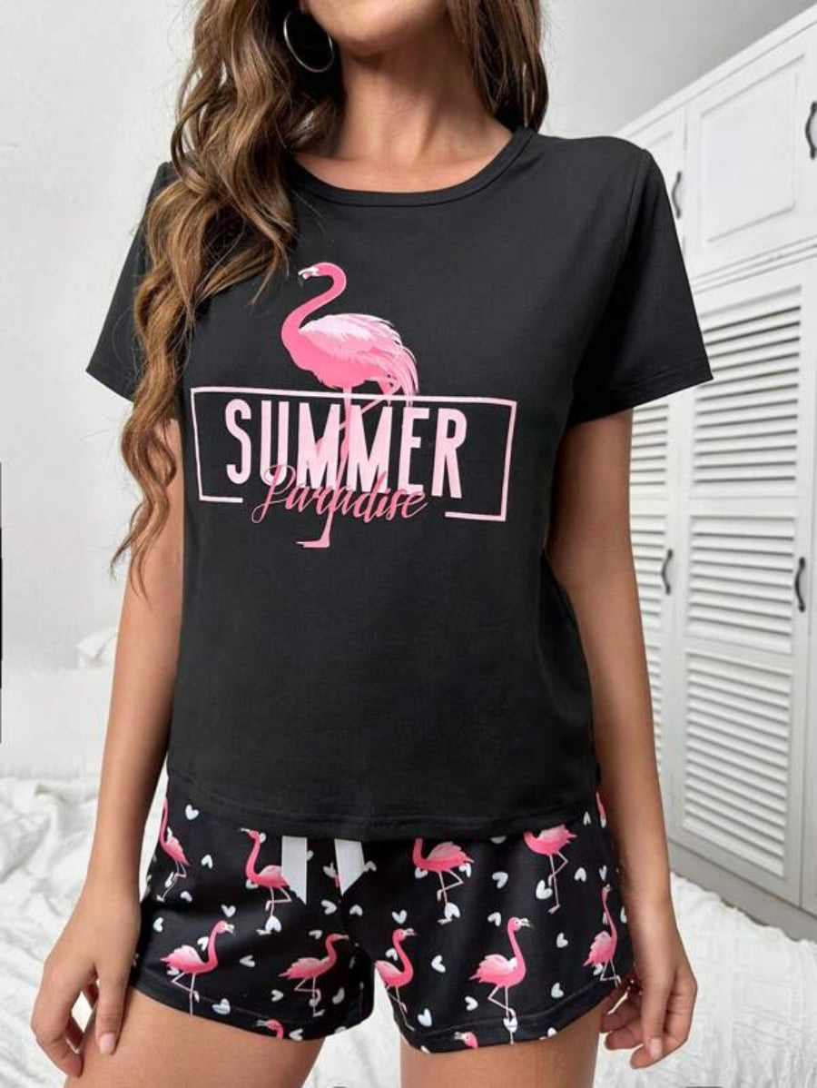 Flamingo And Letter Graphic Tee And Shorts Set-Soco Hoodie