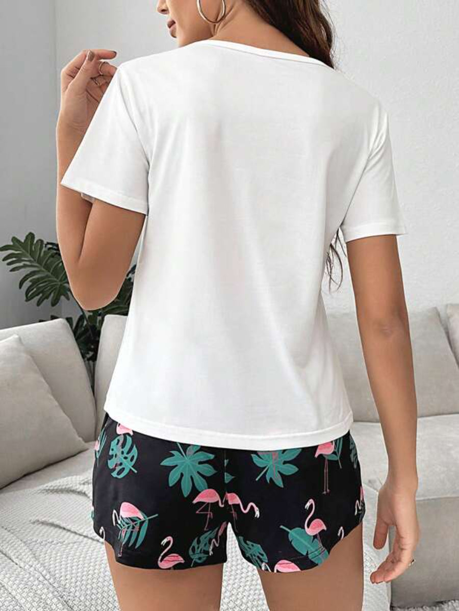 Flamingo Graphic Tee And Shorts Set-Soco Hoodie