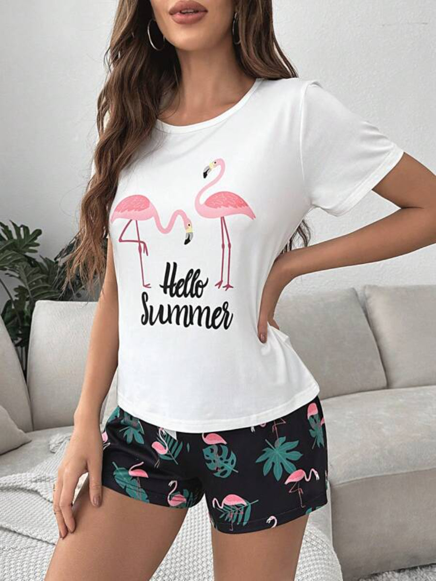 Flamingo Graphic Tee And Shorts Set-Soco Hoodie