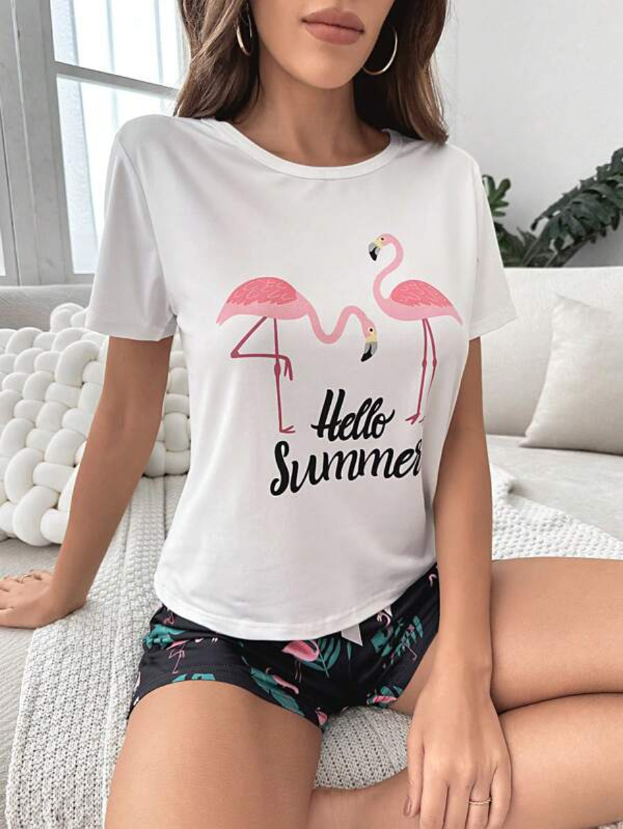Flamingo Graphic Tee And Shorts Set-Soco Hoodie
