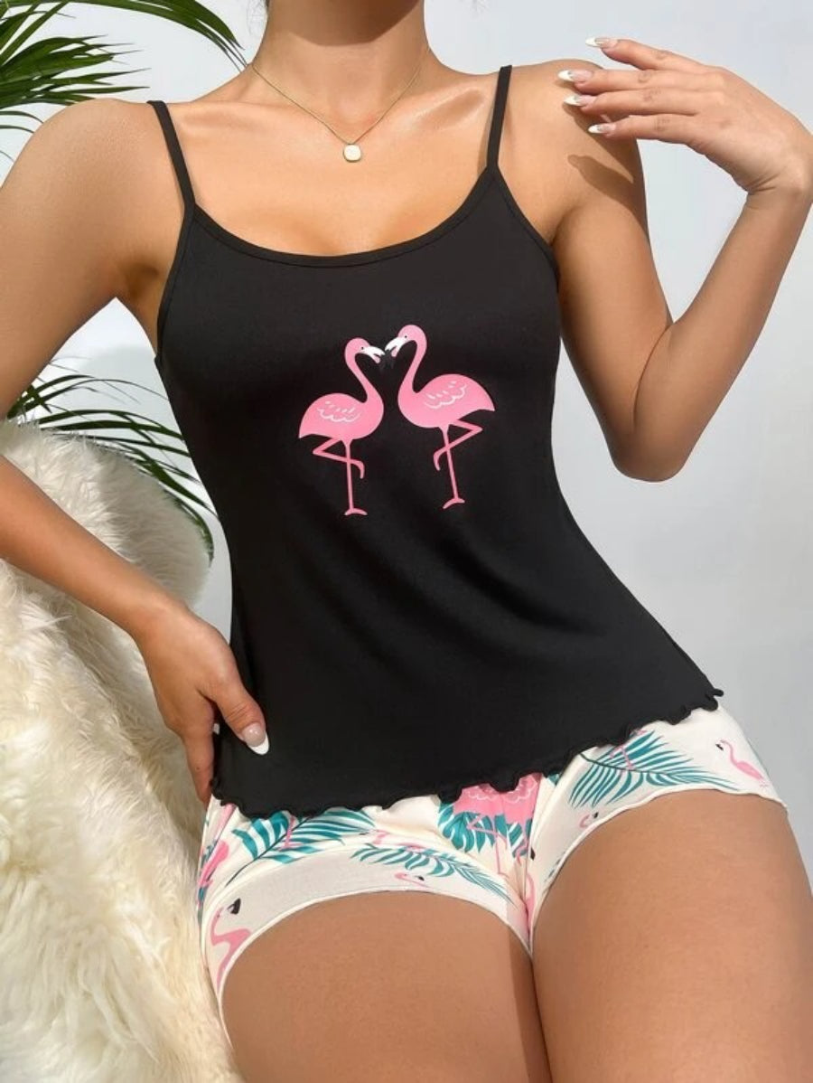 Flamingo Print Lettuce Trim Cami Top And Shorts Set-Soco Hoodie