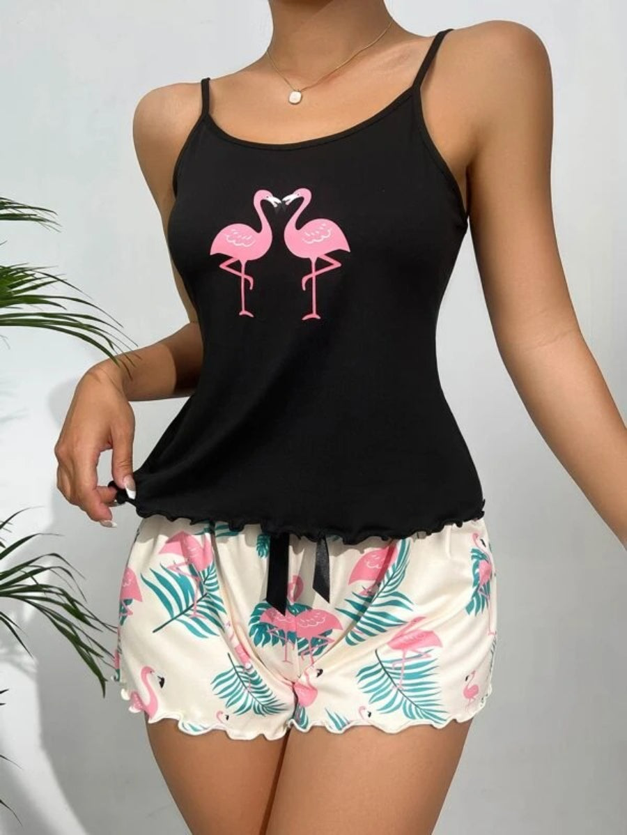 Flamingo Print Lettuce Trim Cami Top And Shorts Set-Soco Hoodie