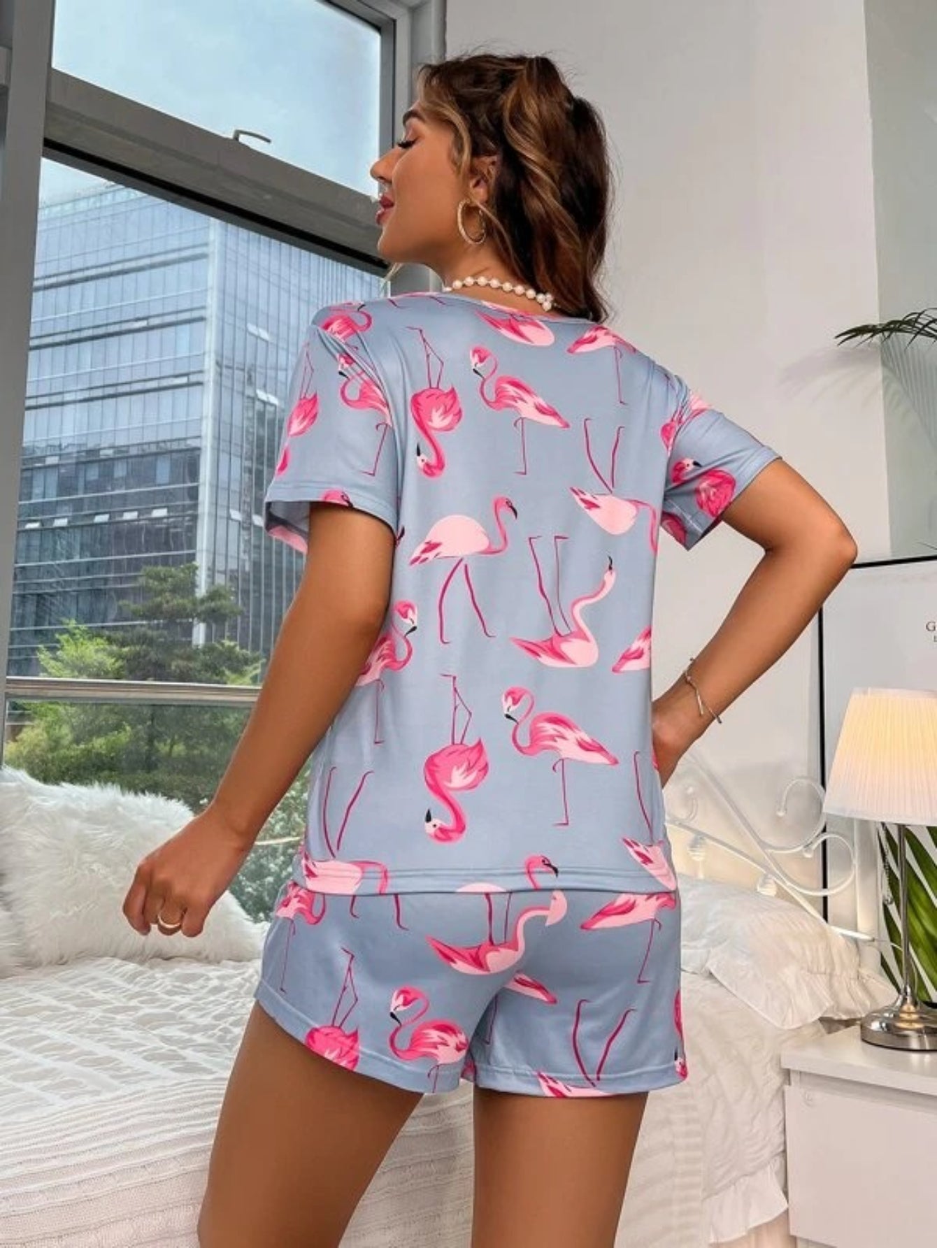 Flamingo Print Shorts Set With Mask-Soco Hoodie