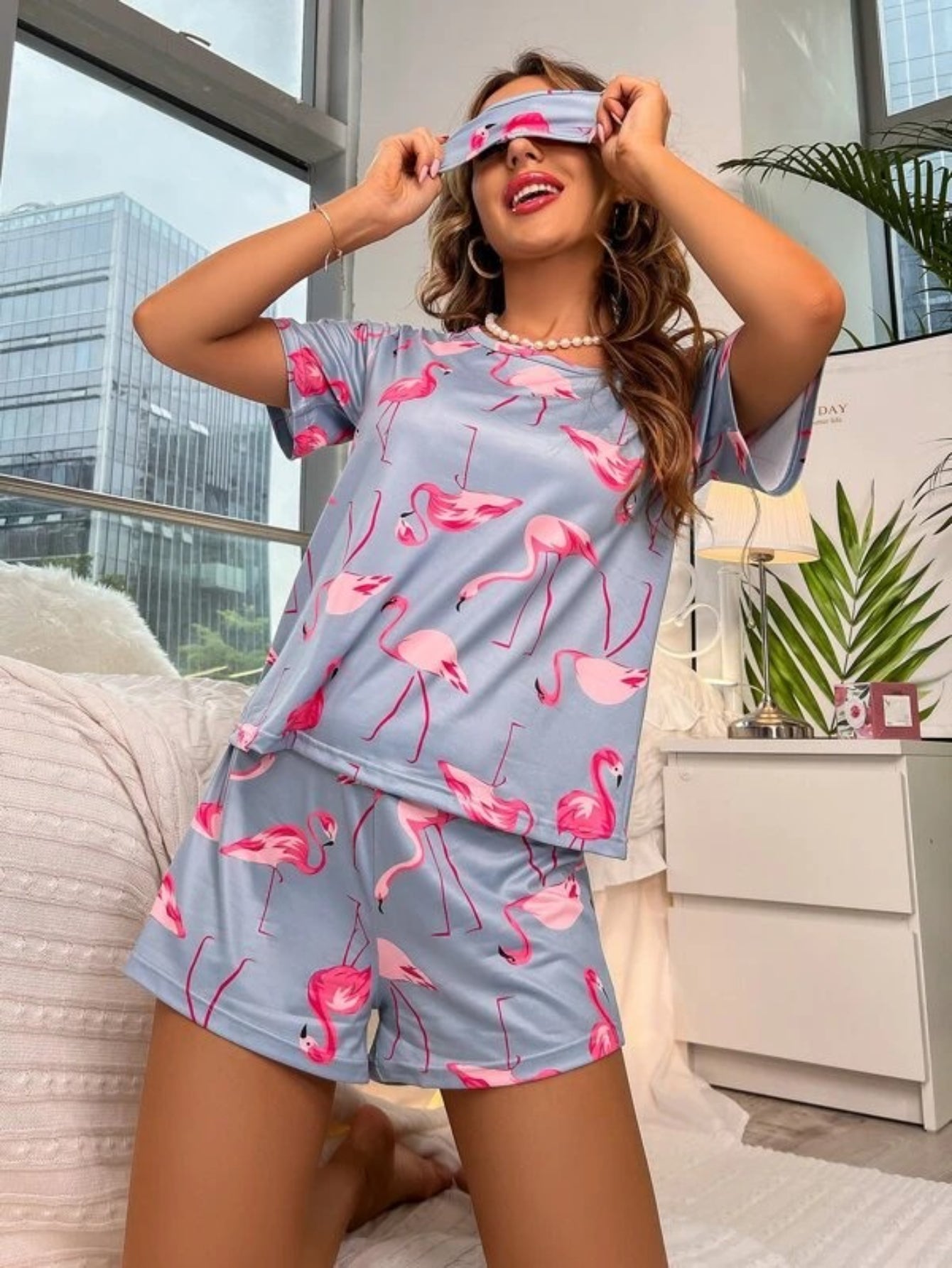 Flamingo Print Shorts Set With Mask-Soco Hoodie
