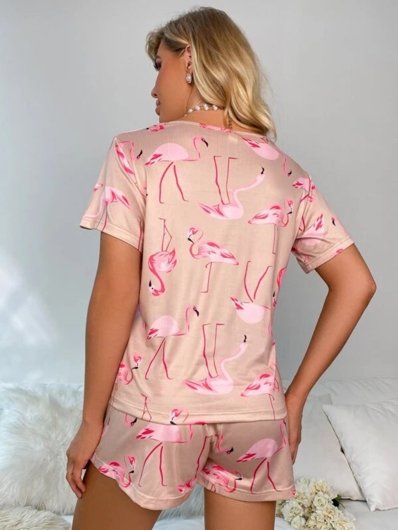Flamingo Print Shorts Set With Mask-Soco Hoodie