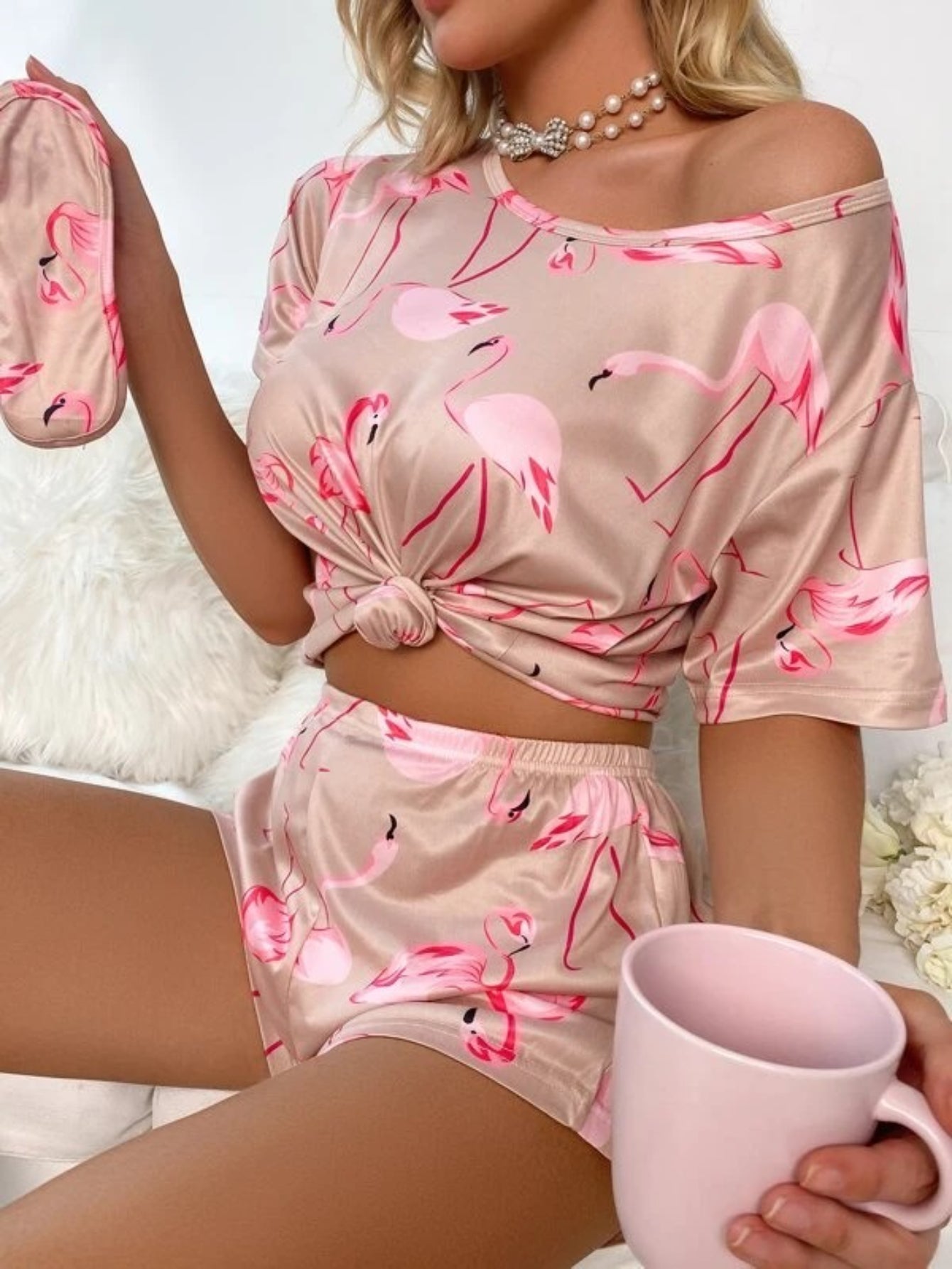 Flamingo Print Shorts Set With Mask-Soco Hoodie