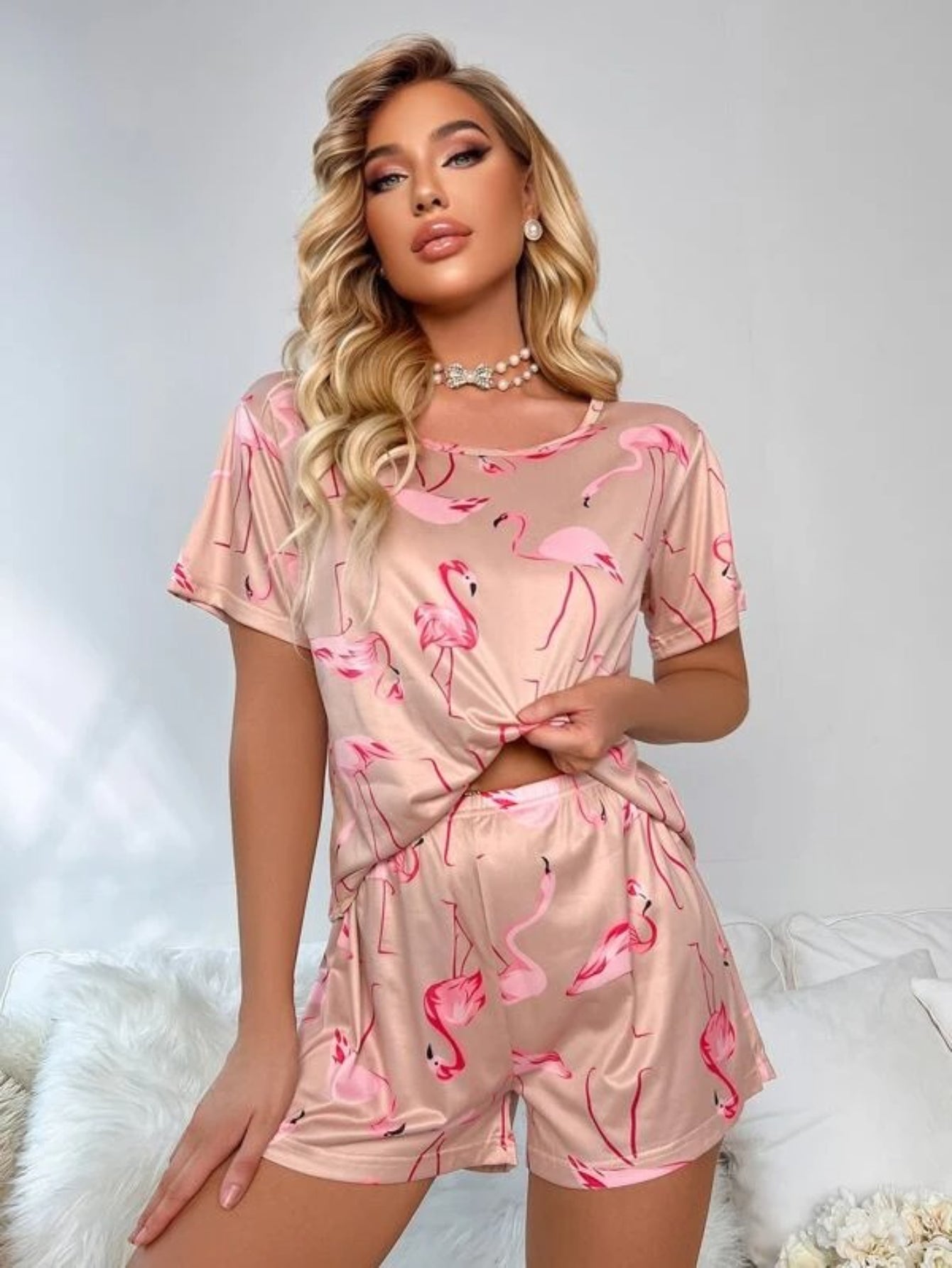 Flamingo Print Shorts Set With Mask-Soco Hoodie