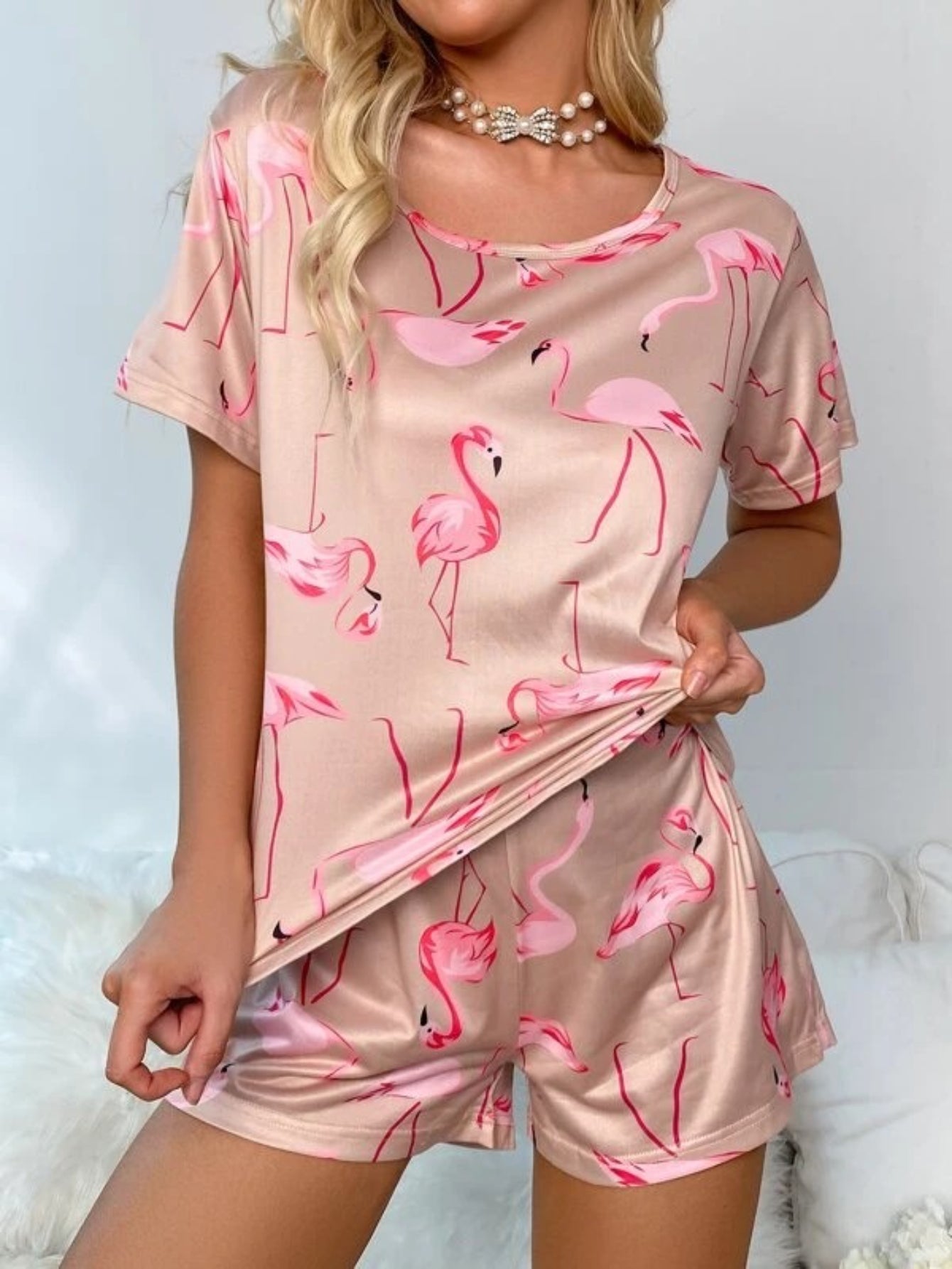 Flamingo Print Shorts Set With Mask-Soco Hoodie