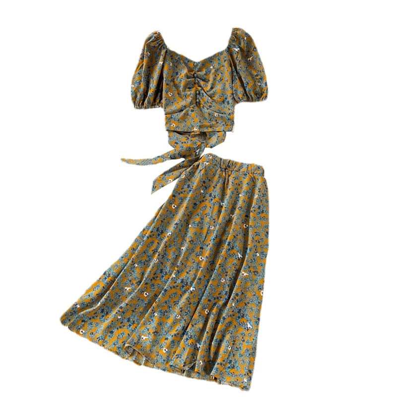 Floral Puff Sleeved Two Piece Skirt Set-Soco Hoodie