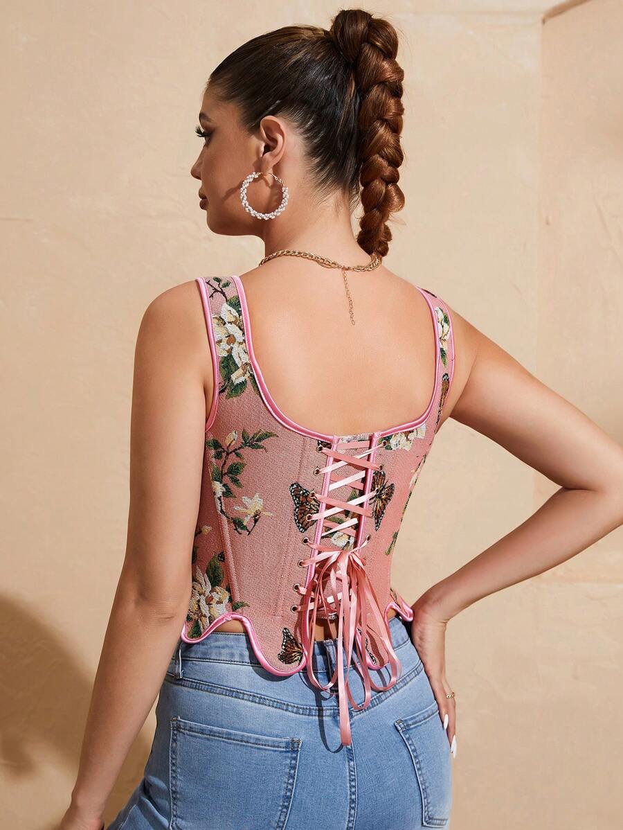 Floral And Butterfly Print Lace Up Corset Top-Soco Hoodie