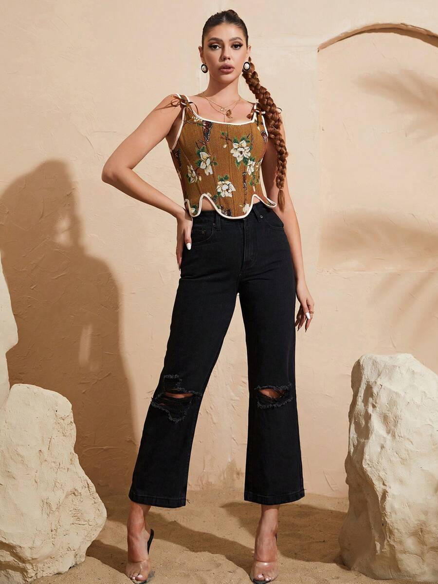 Floral And Butterfly Print Lace Up Corset Top-Soco Hoodie