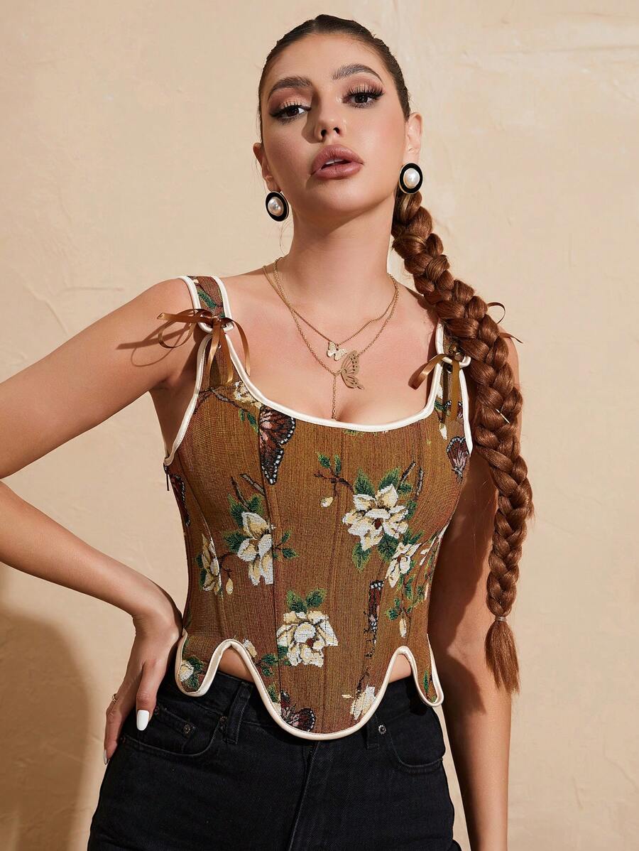 Floral And Butterfly Print Lace Up Corset Top-Soco Hoodie