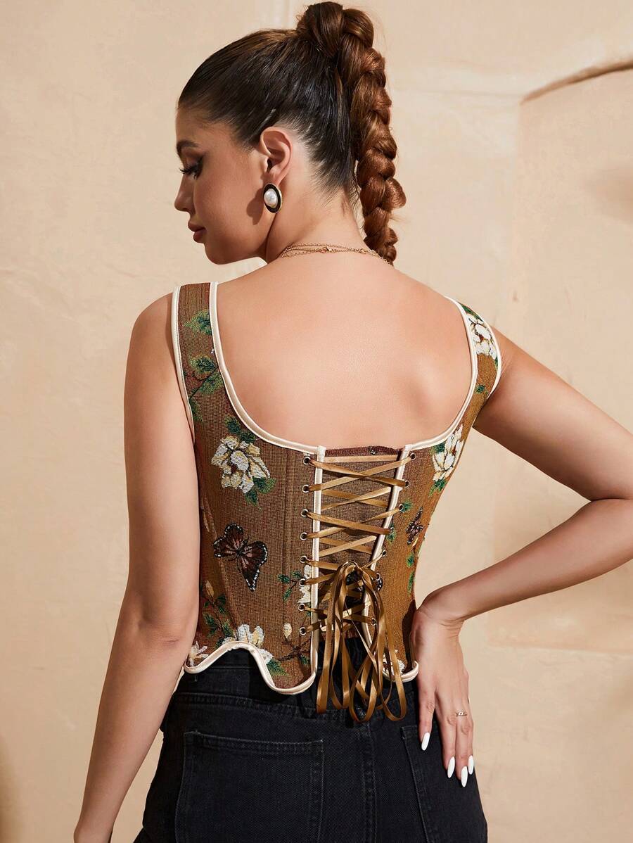 Floral And Butterfly Print Lace Up Corset Top-Soco Hoodie