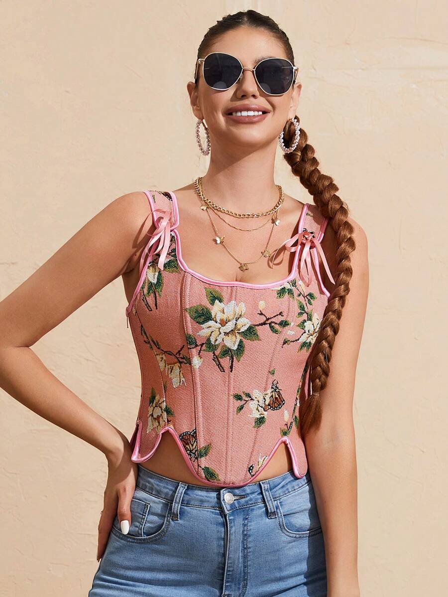 Floral And Butterfly Print Lace Up Corset Top-Soco Hoodie