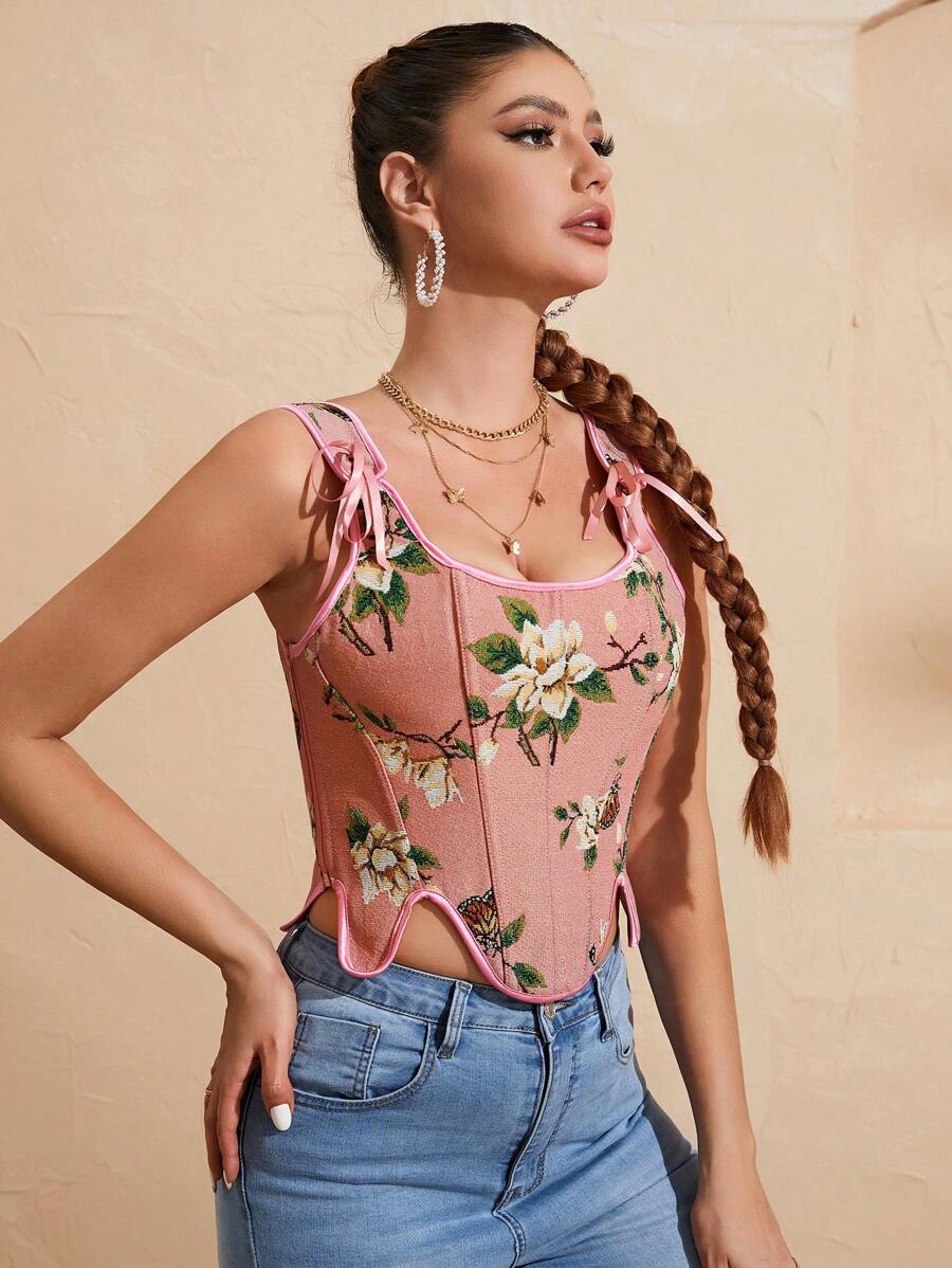 Floral And Butterfly Print Lace Up Corset Top-Soco Hoodie