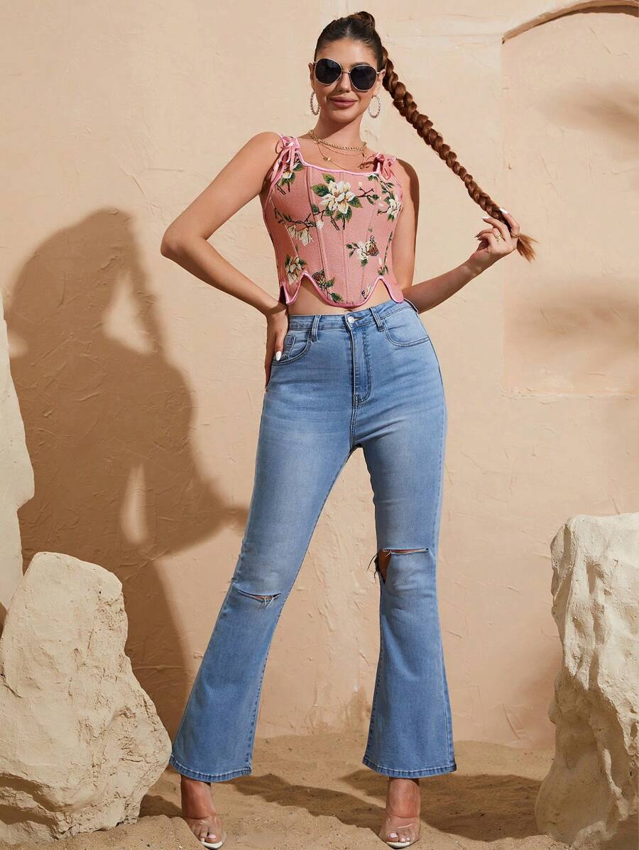 Floral And Butterfly Print Lace Up Corset Top-Soco Hoodie