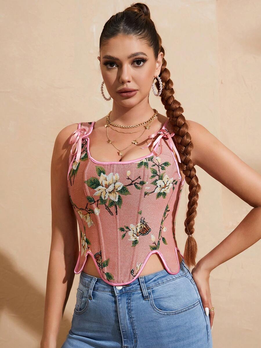 Floral And Butterfly Print Lace Up Corset Top-Soco Hoodie