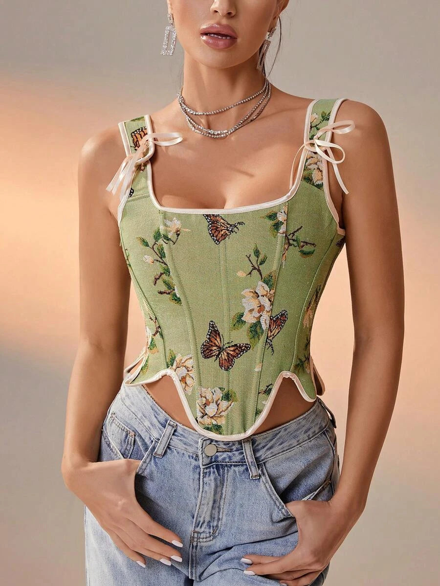 Floral And Butterfly Print Lace Up Corset Top-Soco Hoodie