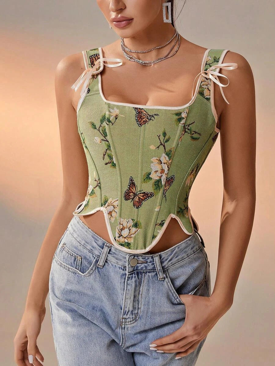 Floral And Butterfly Print Lace Up Corset Top-Soco Hoodie