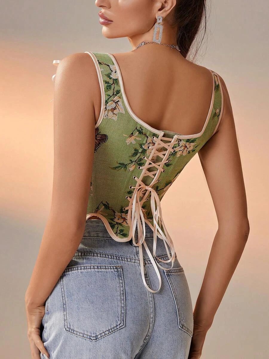 Floral And Butterfly Print Lace Up Corset Top-Soco Hoodie