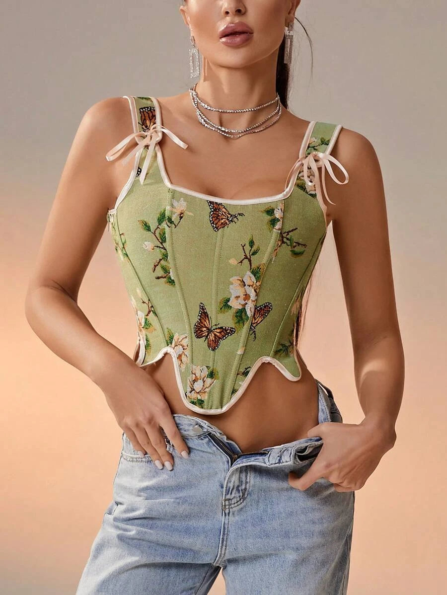 Floral And Butterfly Print Lace Up Corset Top-Soco Hoodie