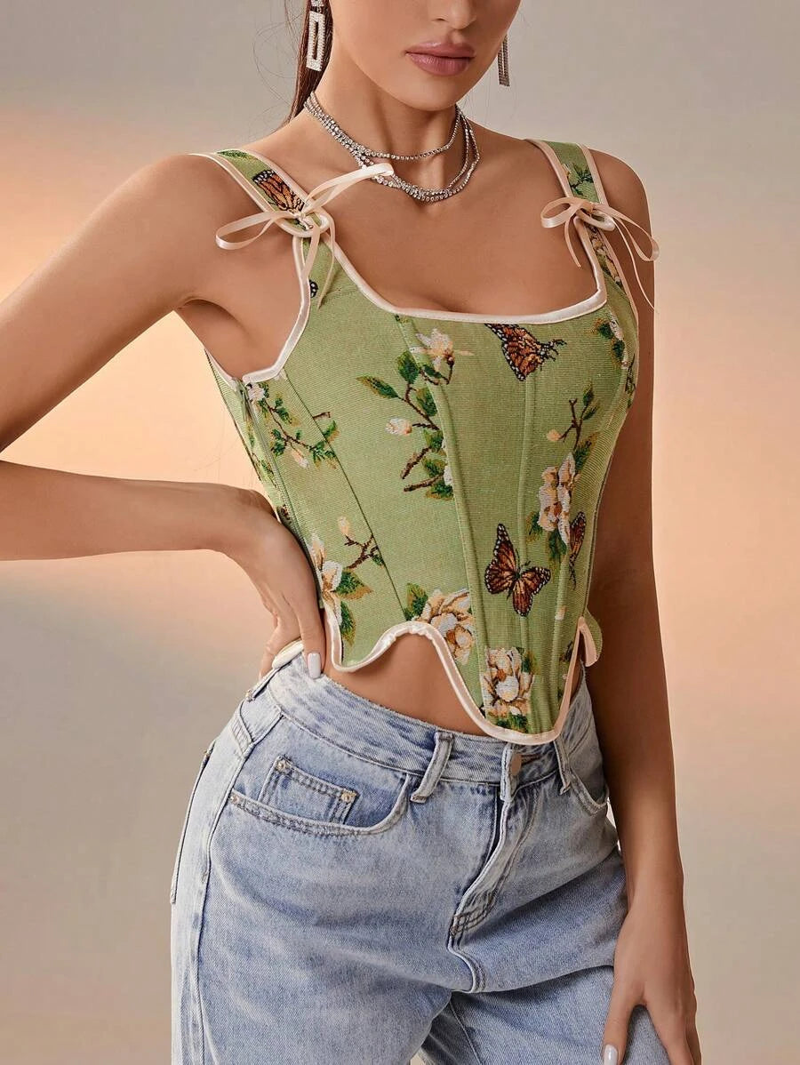 Floral And Butterfly Print Lace Up Corset Top-Soco Hoodie