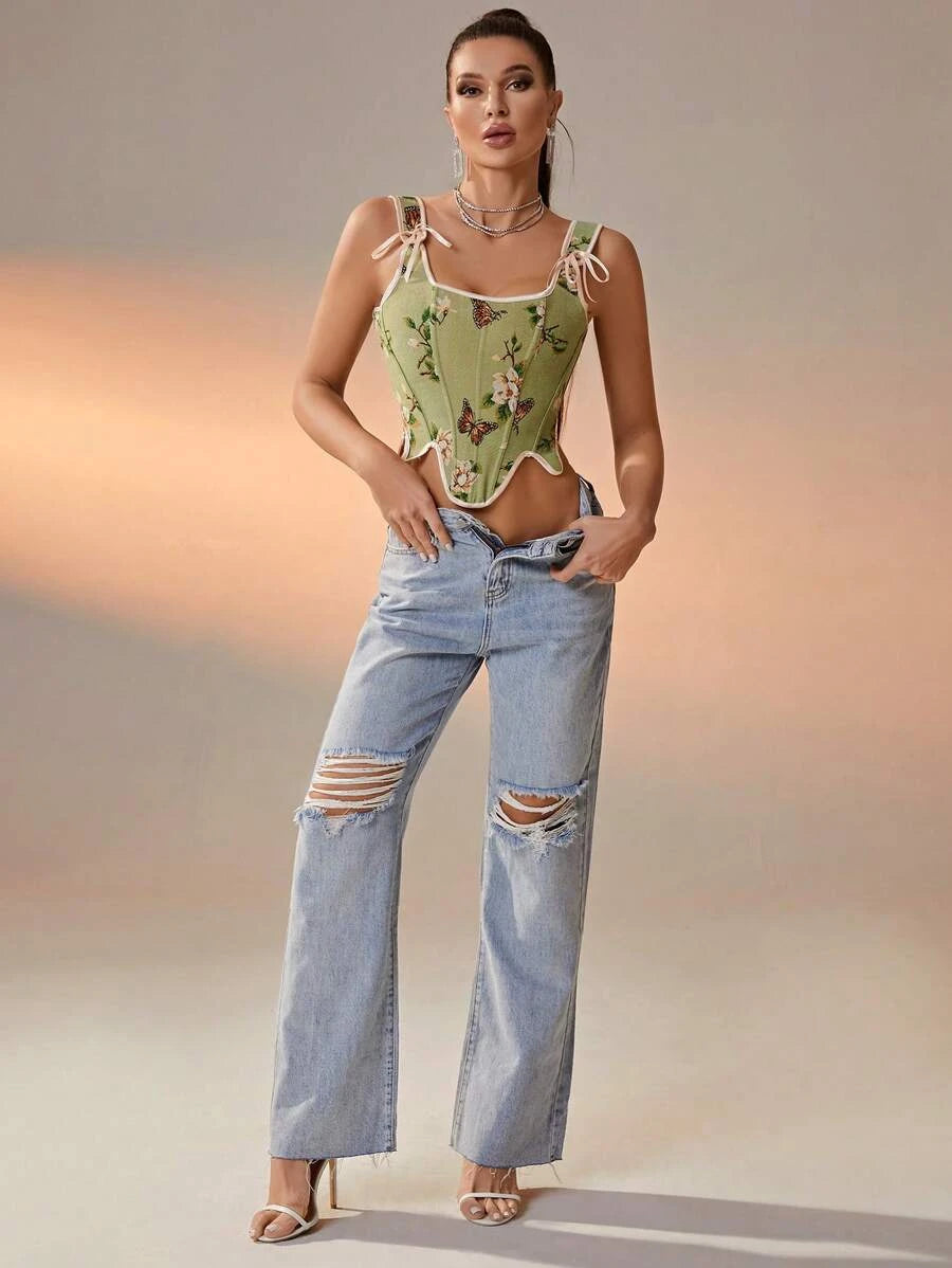 Floral And Butterfly Print Lace Up Corset Top-Soco Hoodie