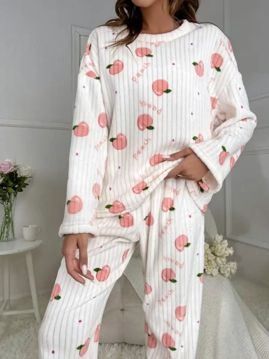 Letter And Peach Pattern Flannelette Pajama Set-Soco Hoodie
