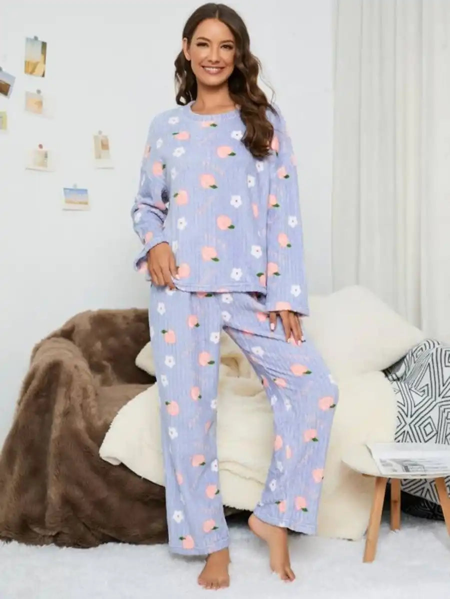 Floral And Peach Pattern Flannelette Pajama Set-Soco Hoodie