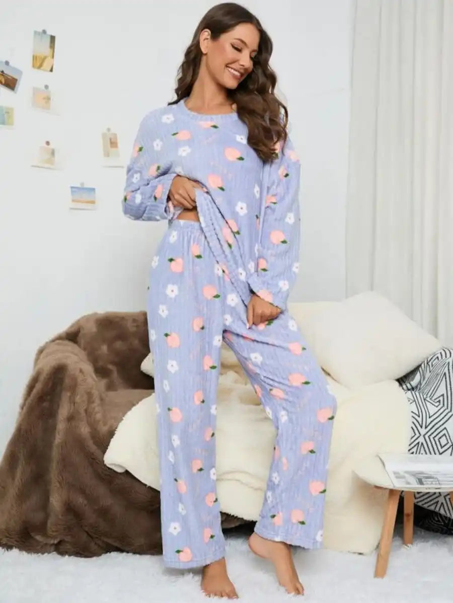 Floral And Peach Pattern Flannelette Pajama Set-Soco Hoodie