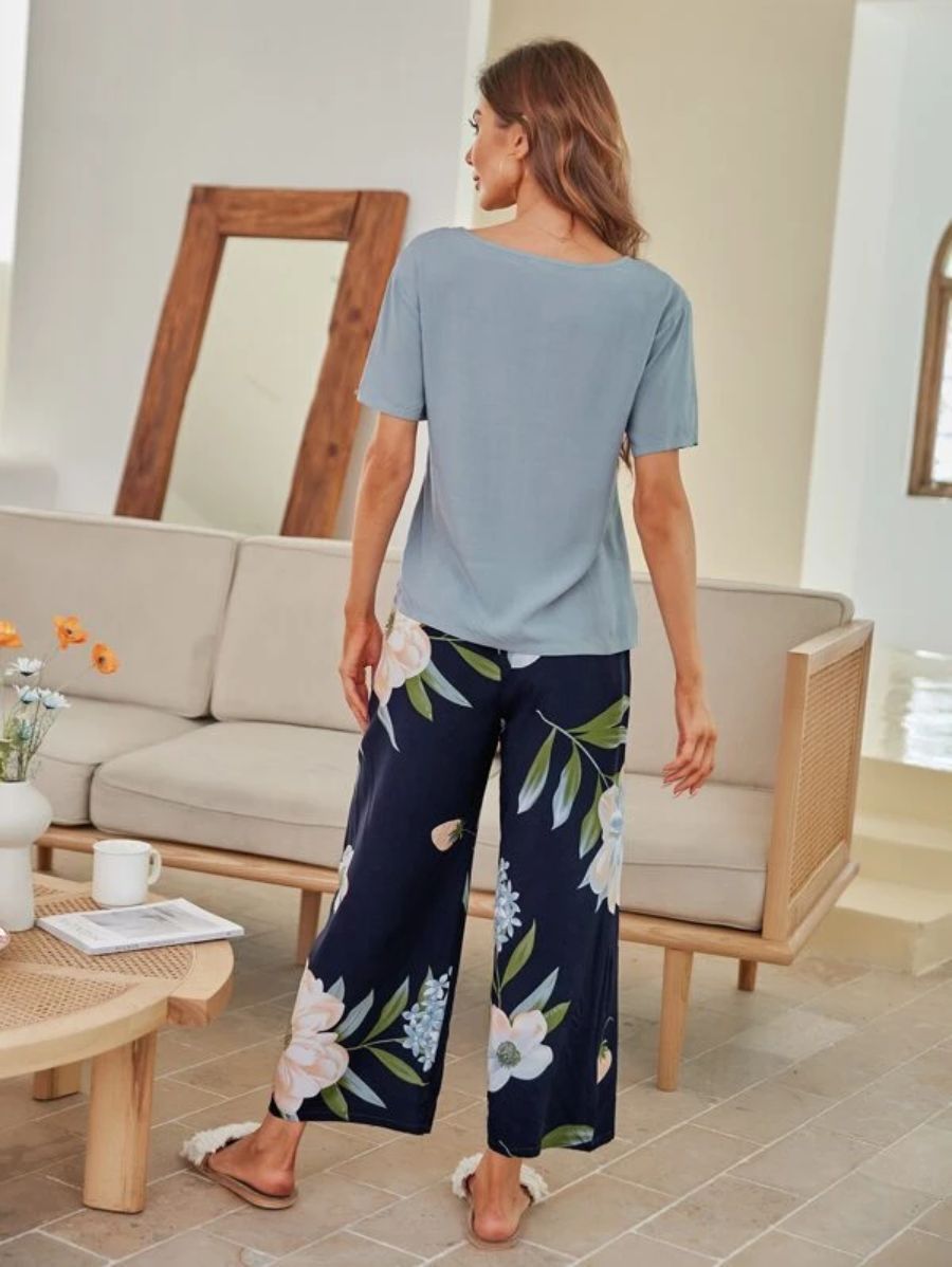Floral Design Knot Front Pants PJ Set-Soco Hoodie
